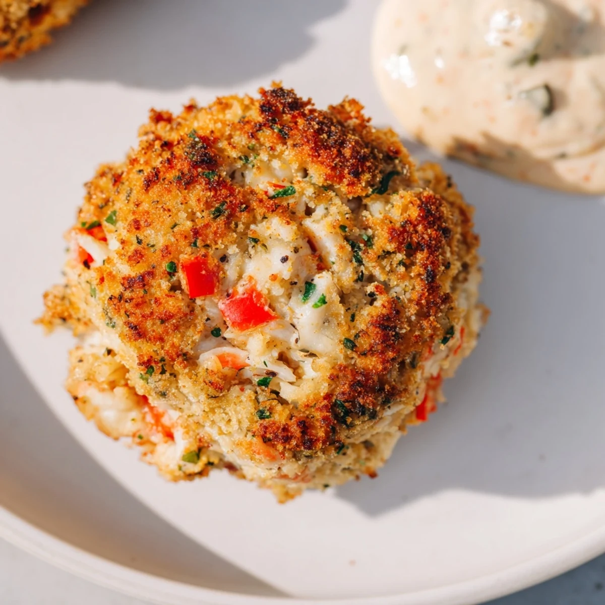Crispy, golden-brown Cajun Crab Cakes with Remoulade Sauce are garnished with fresh parsley and lemon wedges on a rustic plate.