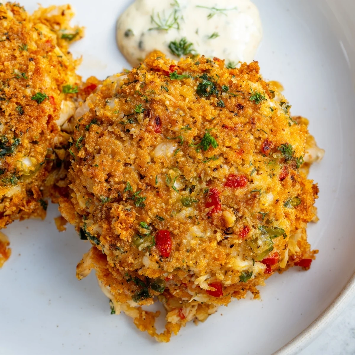 Two Cajun Crab Cakes with Remoulade Sauce served on a bed of greens, with lemon slices and the dipping sauce nearby.
