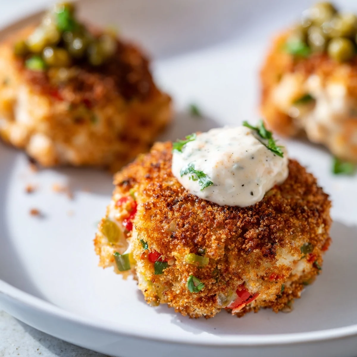 A pair of Cajun Crab Cakes with Remoulade Sauce rests on a skillet with chopped veggies, highlighting the cooking process.