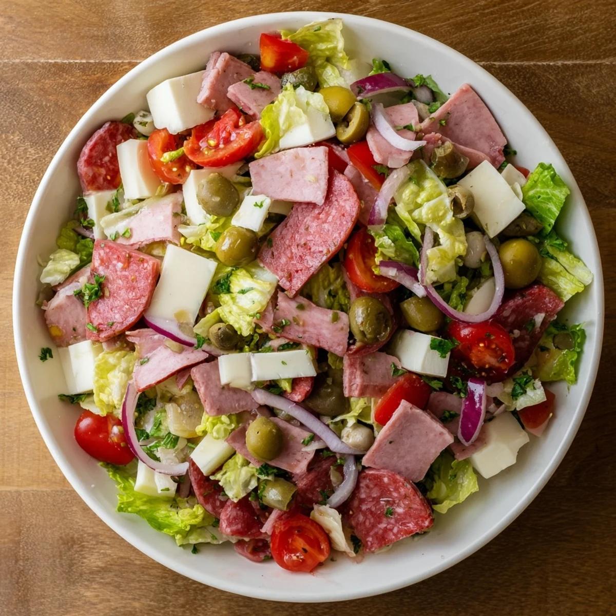 Freshly tossed New Orleans Muffuletta Salad with cured salami, mozzarella, and bright olive relish on crisp romaine.