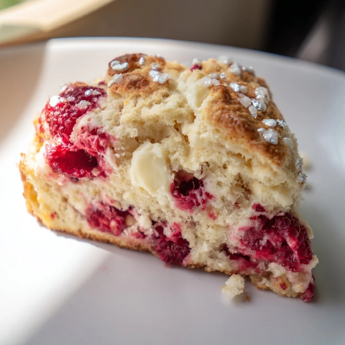 Gooey Raspberry White Chocolate Scones with red berry filling, served on a white plate for a sweet breakfast treat.