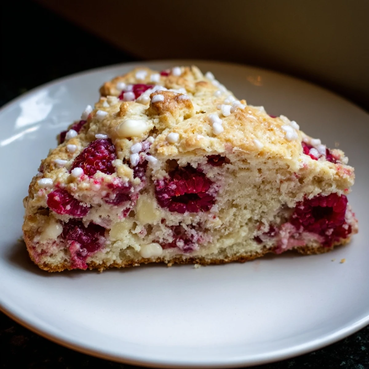 Warm homemade Raspberry White Chocolate Scones with a tall glass of milk, perfect for an afternoon snack.