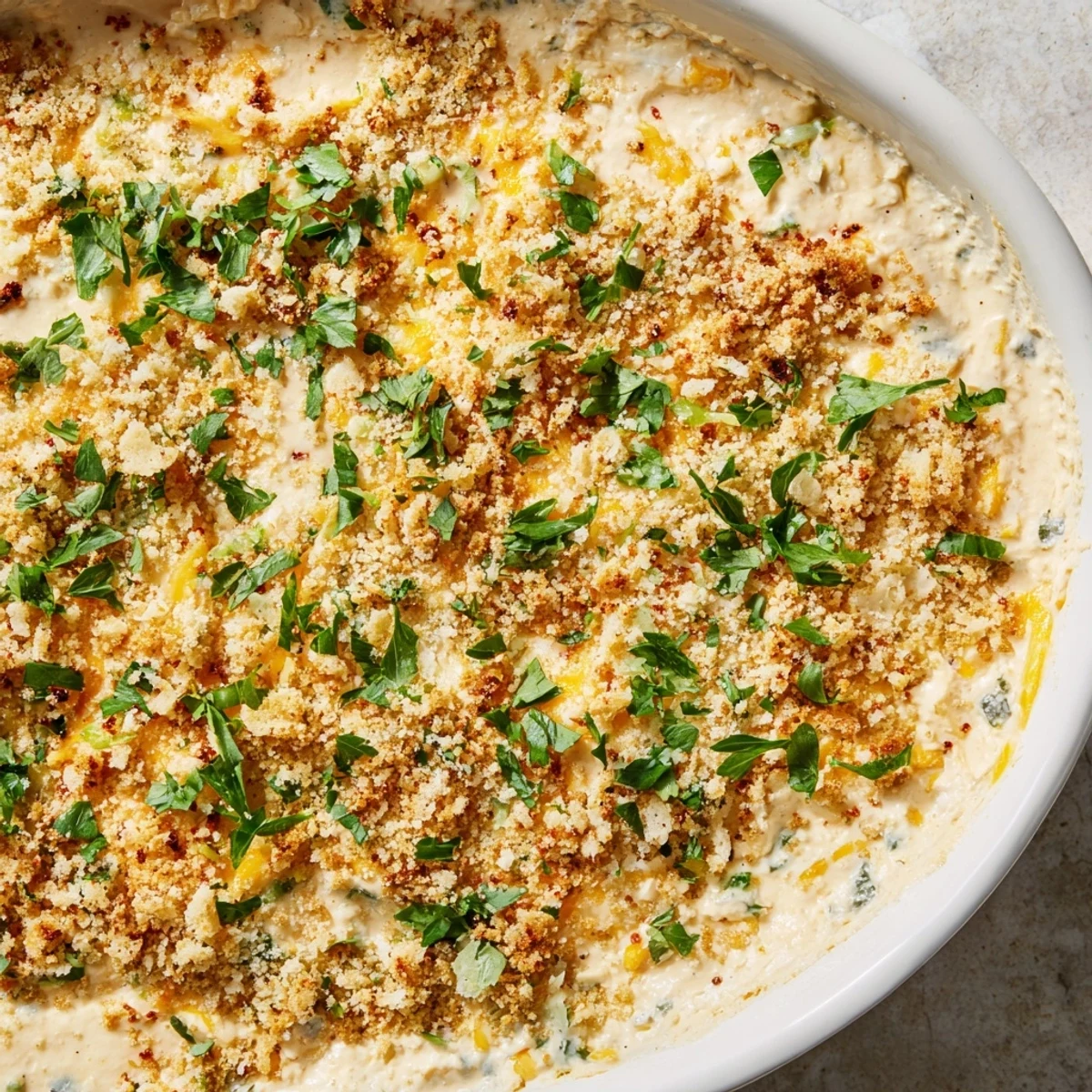 Golden-brown, bubbly Super Bowl Jalapeño Popper Dip with a crisp Panko topping and chopped parsley, served warm with tortilla chips in a baking dish.