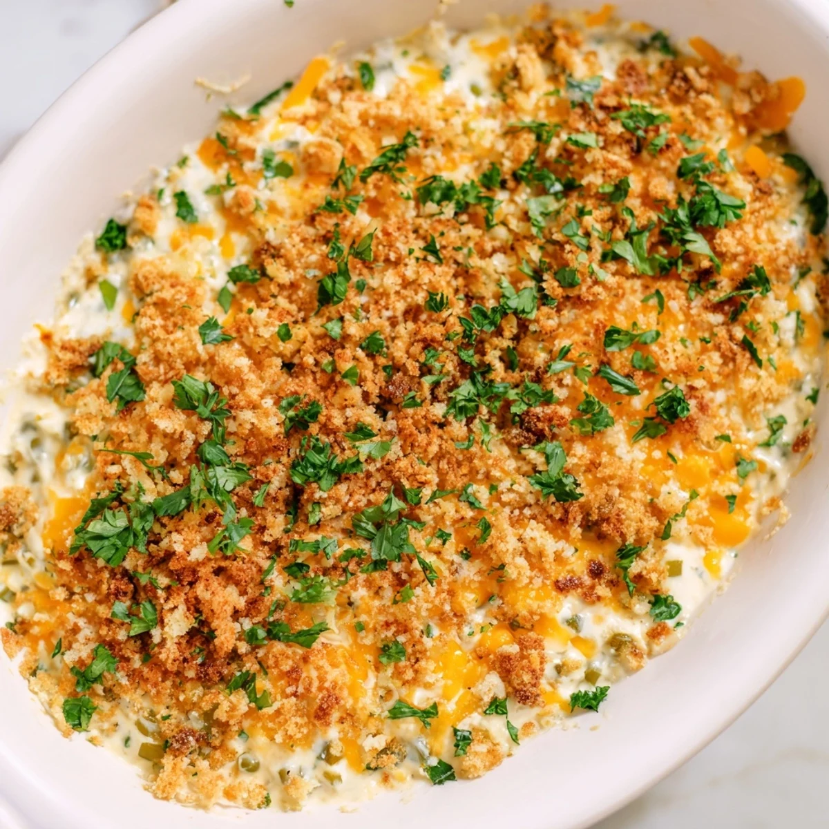 Spicy, oven-baked Super Bowl Jalapeño Popper Dip fresh from the oven with a golden Parmesan crust, garnished with parsley and ready to scoop with tortilla chips.