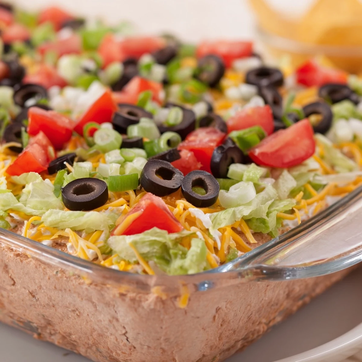The Ultimate Seven Layer Taco Dip features vibrant layers of beans, guacamole, and cheese, served with crunchy tortilla chips.