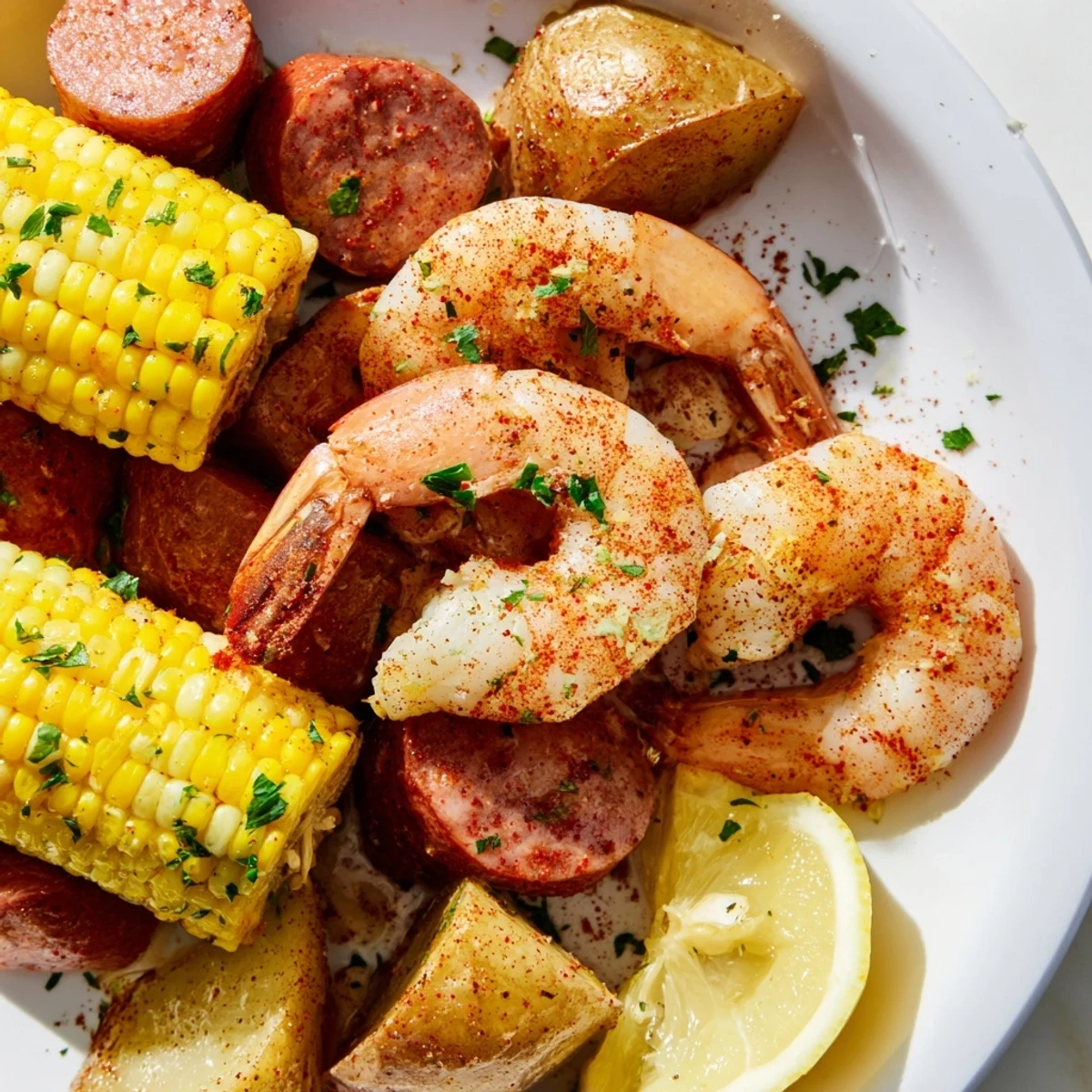Golden brown potatoes, sweet corn, andouille sausage, and pink shrimp roasted together on a sheet pan with Old Bay seasoning.  