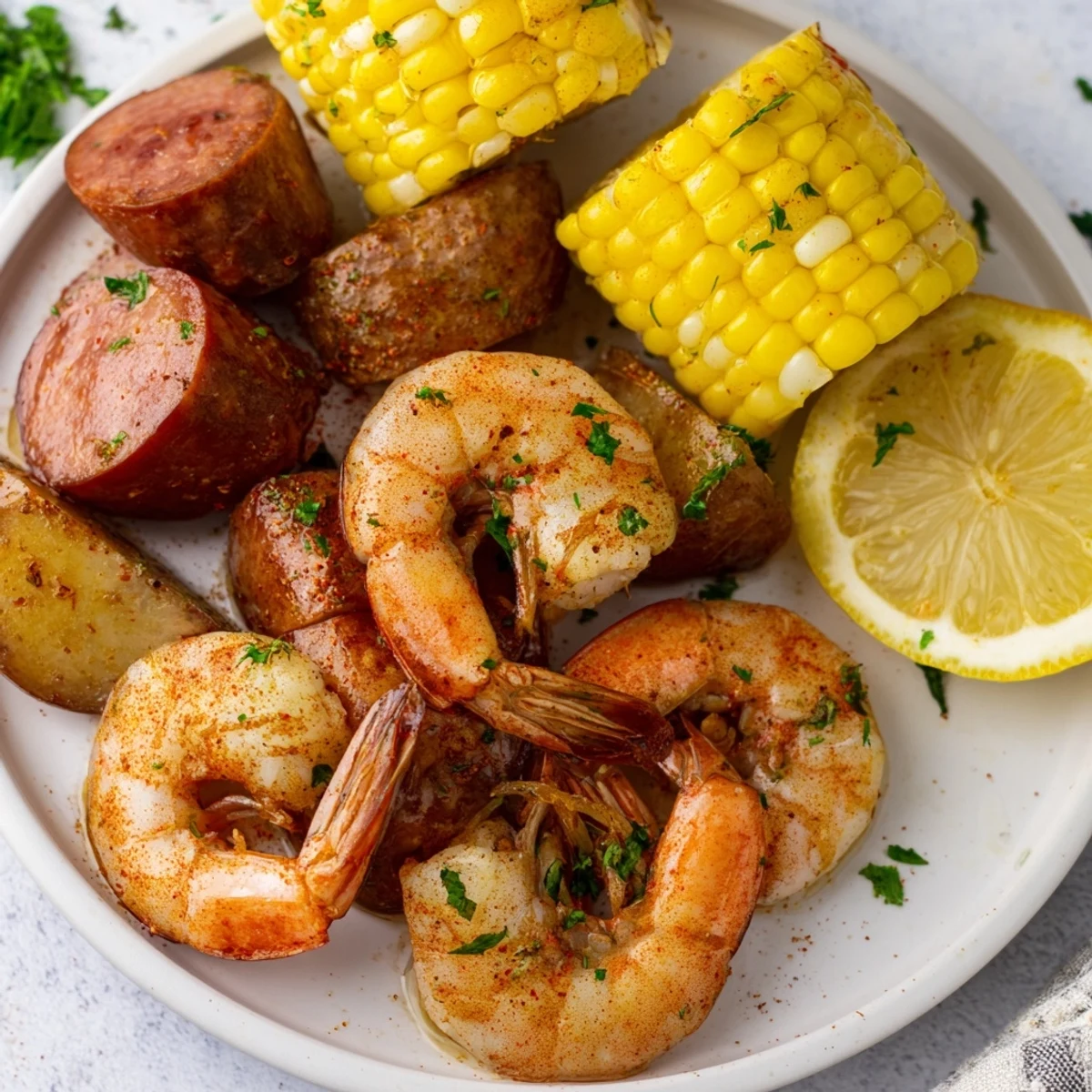 Vibrant Sheet Pan Shrimp Boil with Corn and Old Bay, served with lemon wedges and fresh parsley garnish.  