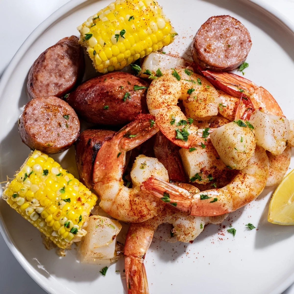 A close-up of the easy Sheet Pan Shrimp Boil, featuring juicy shrimp, roasted potatoes, and corn on a single pan.