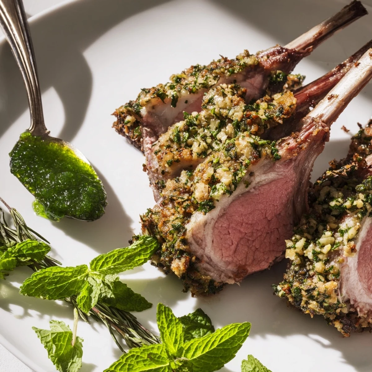Perfectly roasted Garlic Herb Roasted Rack of Lamb glistening with a savory herb crust, sliced and ready to serve.