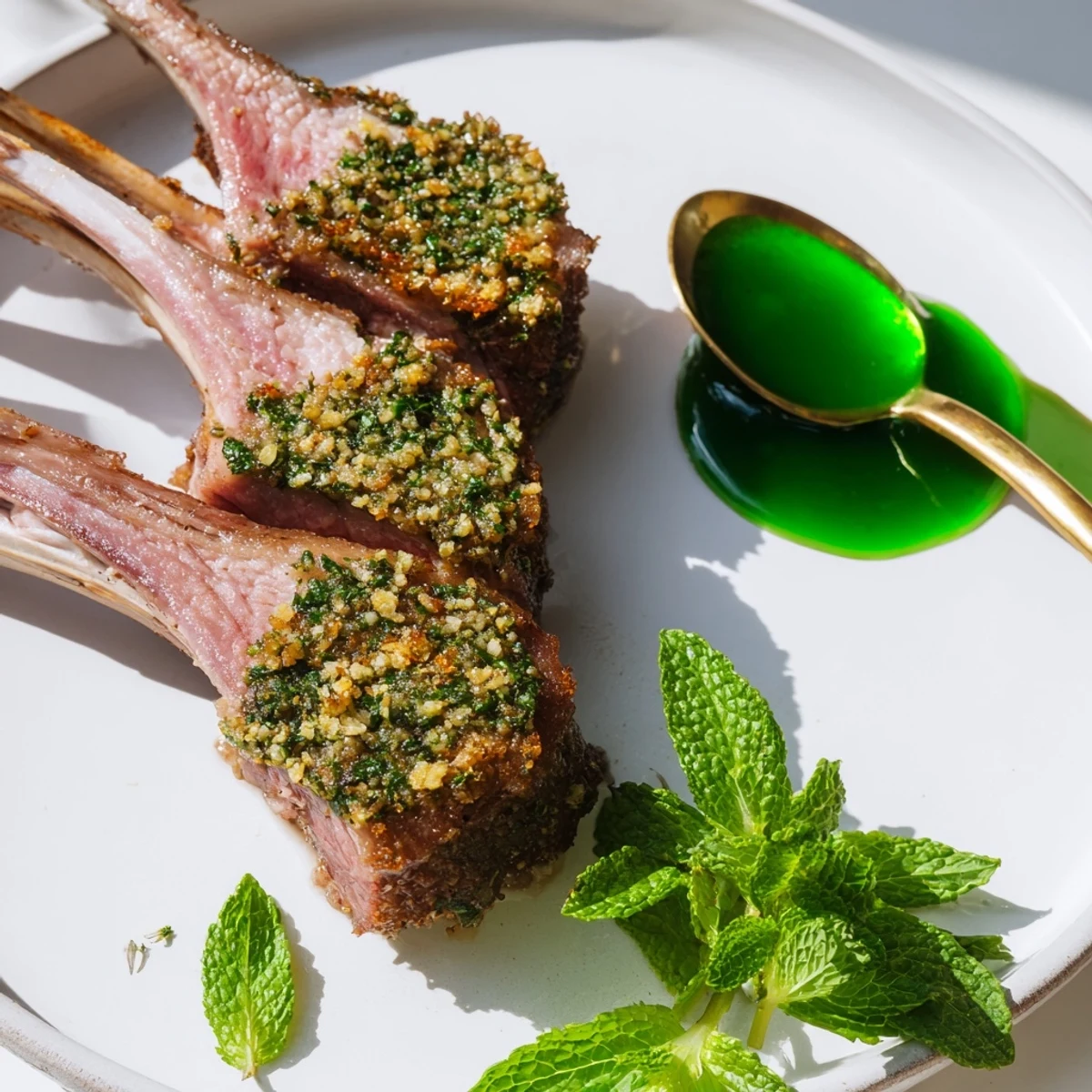 Fragrant Garlic Herb Roasted Rack of Lamb paired with vibrant mint jelly on an elegant dinner platter.