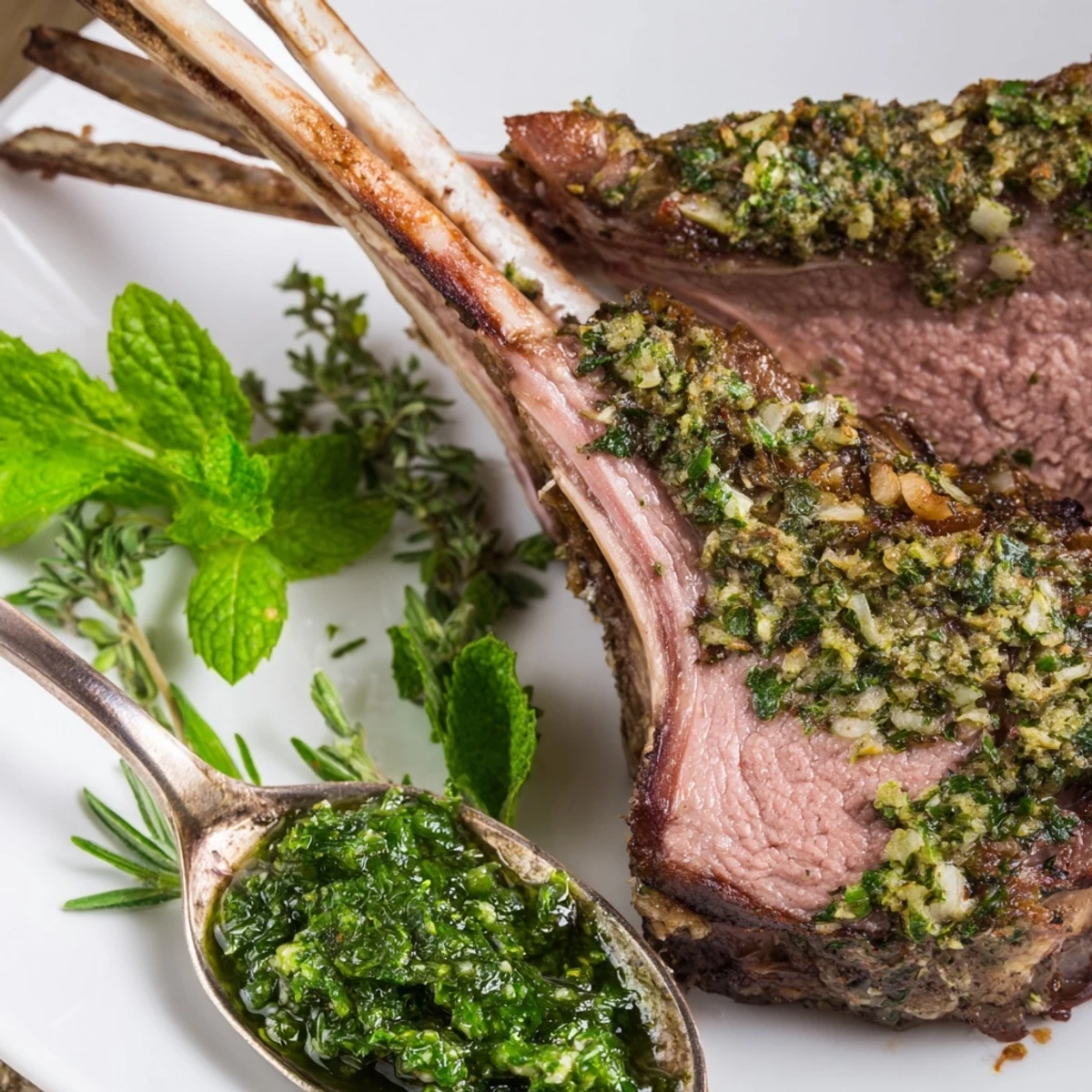 Succulent Garlic Herb Roasted Rack of Lamb resting after roasting, releasing rich aromatic steam and inviting juices.