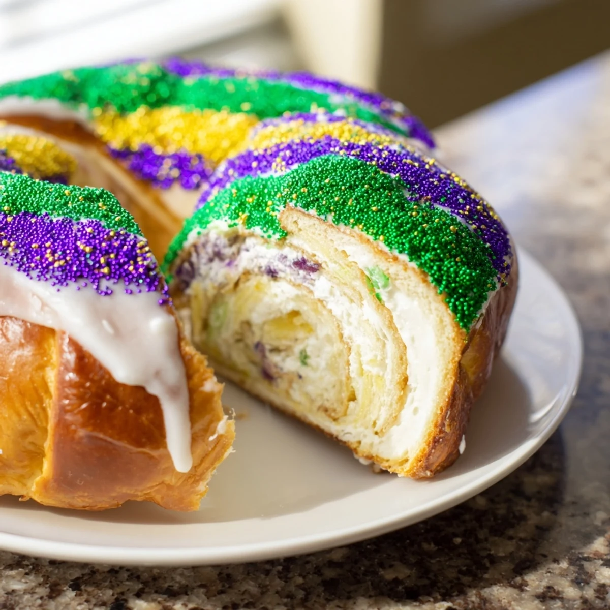 A freshly baked Mardi Gras King Cake with cream cheese filling, dusted with purple, green, and gold sugars on a festive plate.  