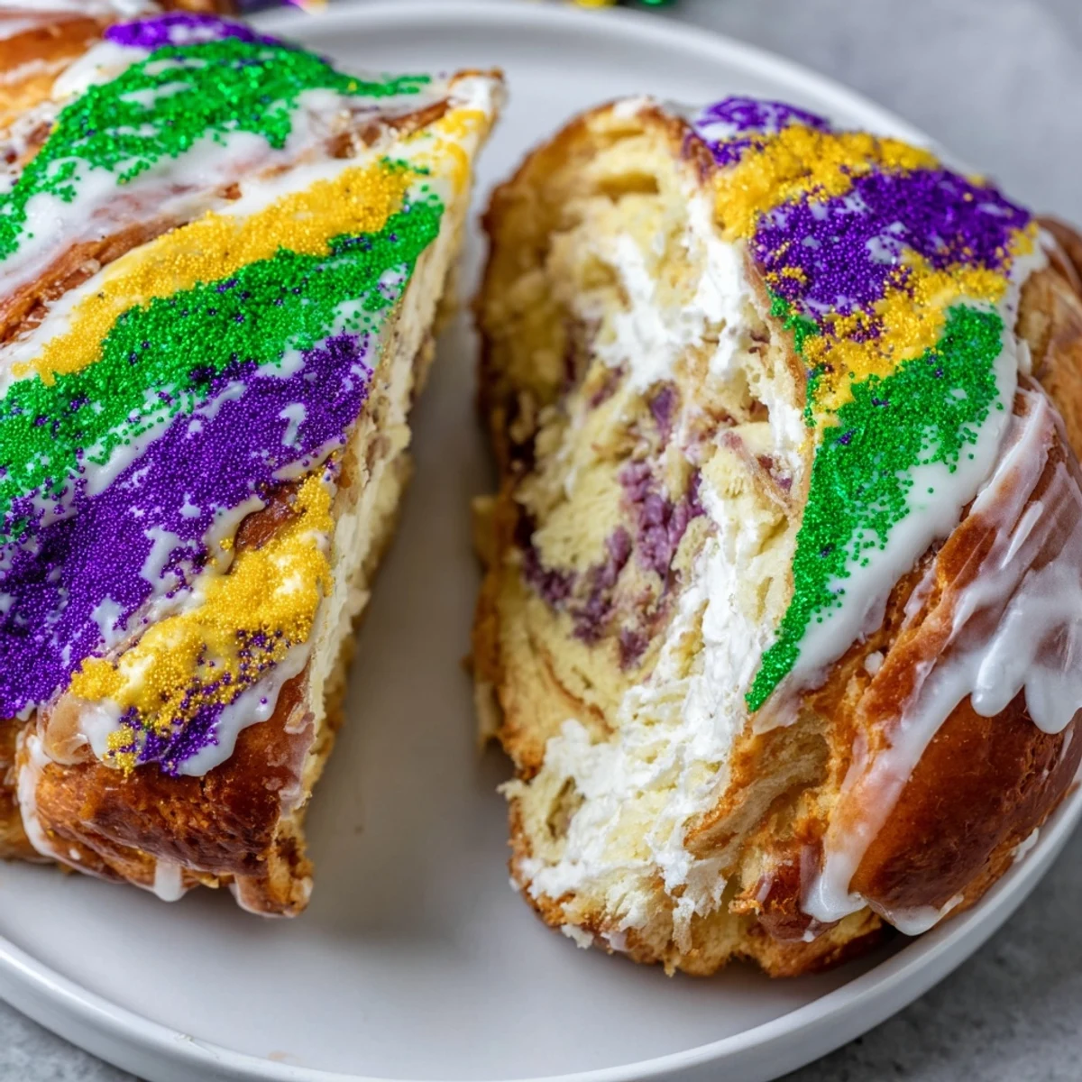 Golden-brown Mardi Gras King Cake slice reveals creamy filling, served with coffee for a celebratory New Orleans breakfast treat.  