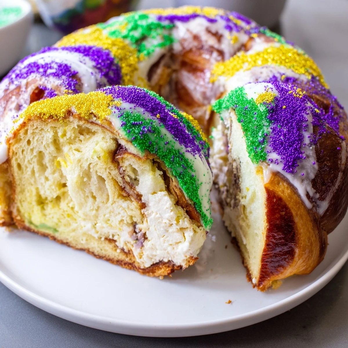 Festive Mardi Gras King Cake on wooden board, topped with colorful sugar and optional baby trinket for tradition.