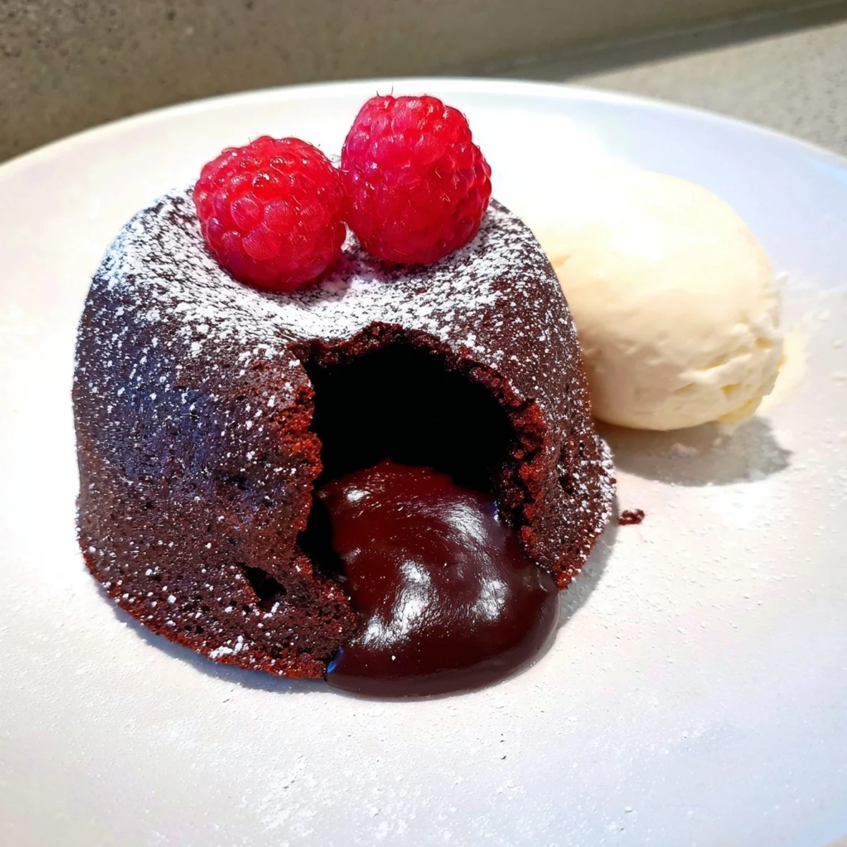 Warm, freshly baked Valentine Molten Chocolate Lava Cakes are dusted with powdered sugar, revealing a rich, gooey center on a dessert plate.