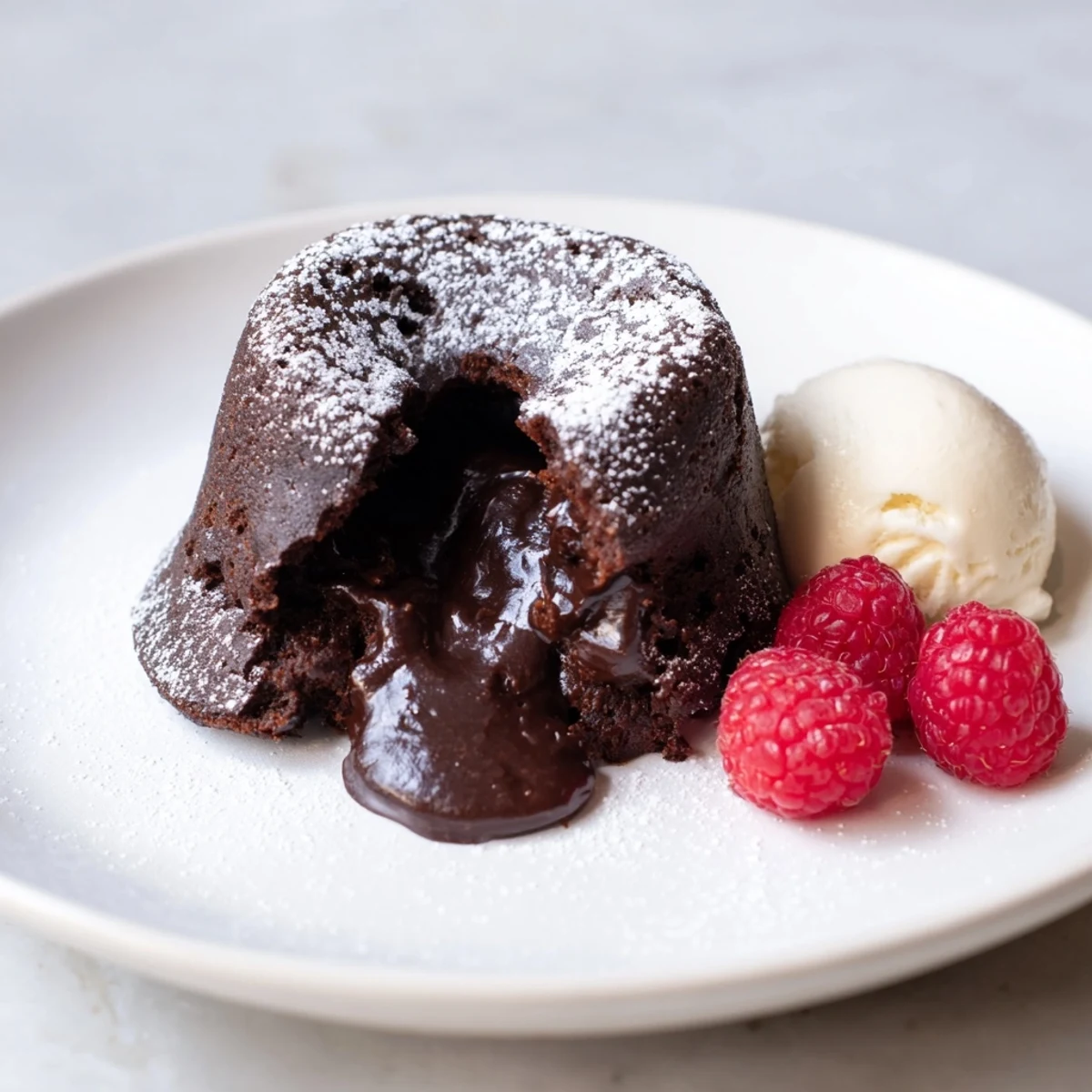 A close-up of the decadent Valentine Molten Chocolate Lava Cakes, with molten chocolate oozing onto the plate next to fresh strawberries.