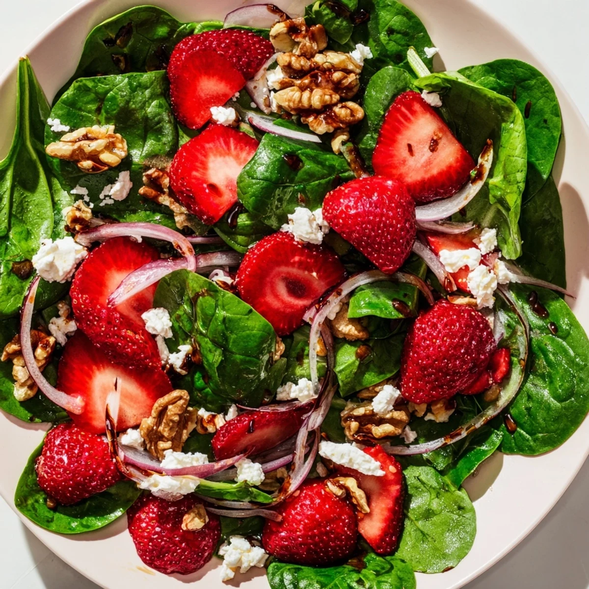 A vibrant bowl of Strawberry Walnut Spinach Salad with sliced strawberries, toasted walnuts, and crumbled feta on fresh spinach leaves.  