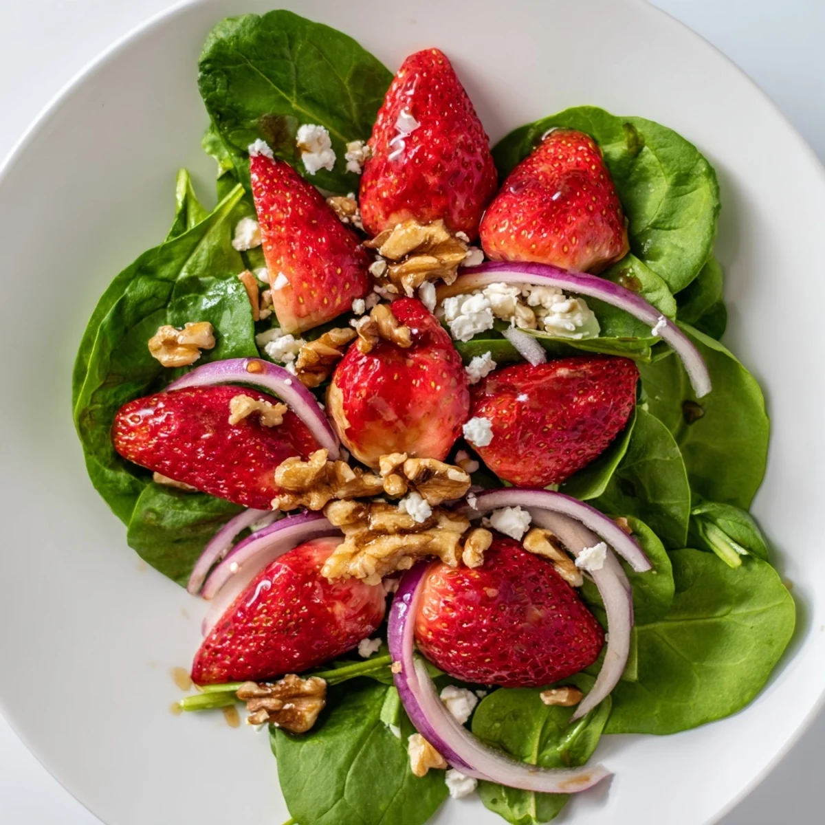 A close-up of Strawberry Walnut Spinach Salad drizzled with tangy balsamic vinaigrette, topped with red onion and feta.  