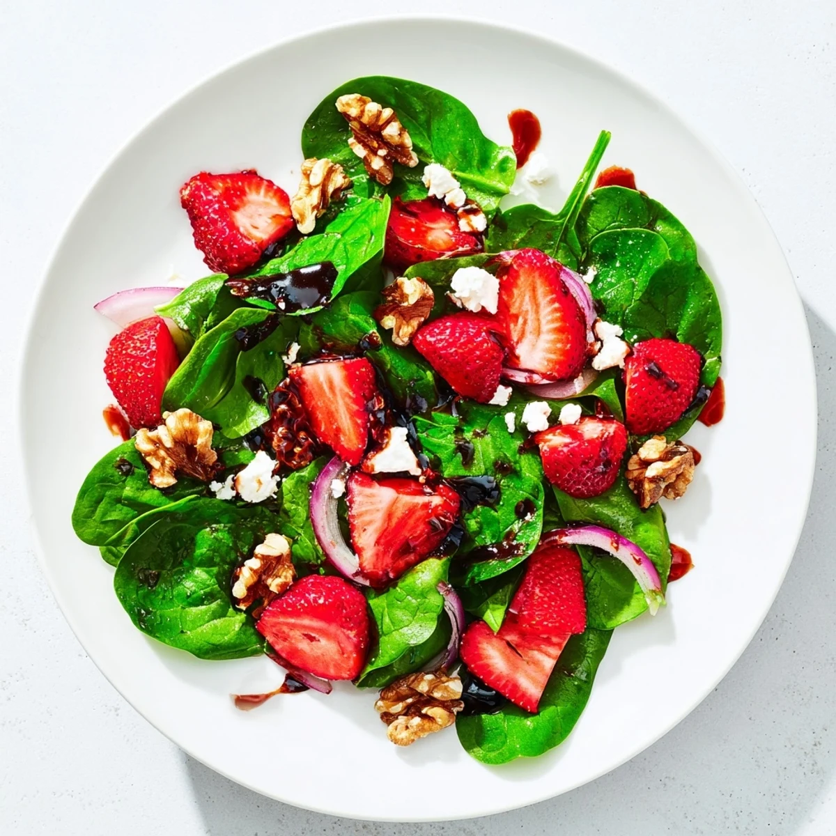 A serving suggestion for Strawberry Walnut Spinach Salad paired with a crisp white wine and crusty bread on the side.