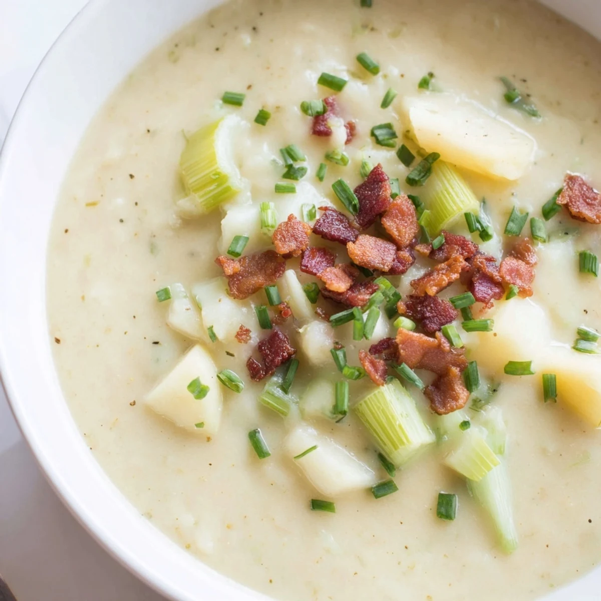 Velvety potato and leek soup served hot with a garnish of crunchy turkey bacon.
