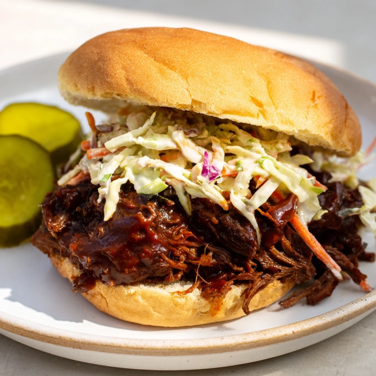 Freshly shredded cabbage and carrot slaw adds crunch to these juicy Beef Brisket Sliders with pickles, perfect for casual dinners or game day.