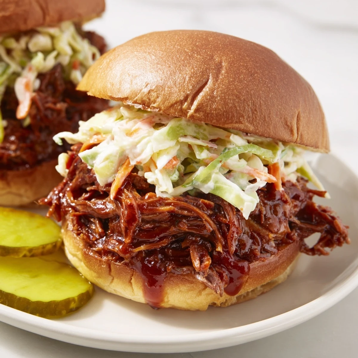Tender slow-cooked beef brisket piled high on soft slider buns, topped with creamy coleslaw and tangy pickles for a delicious party bite.