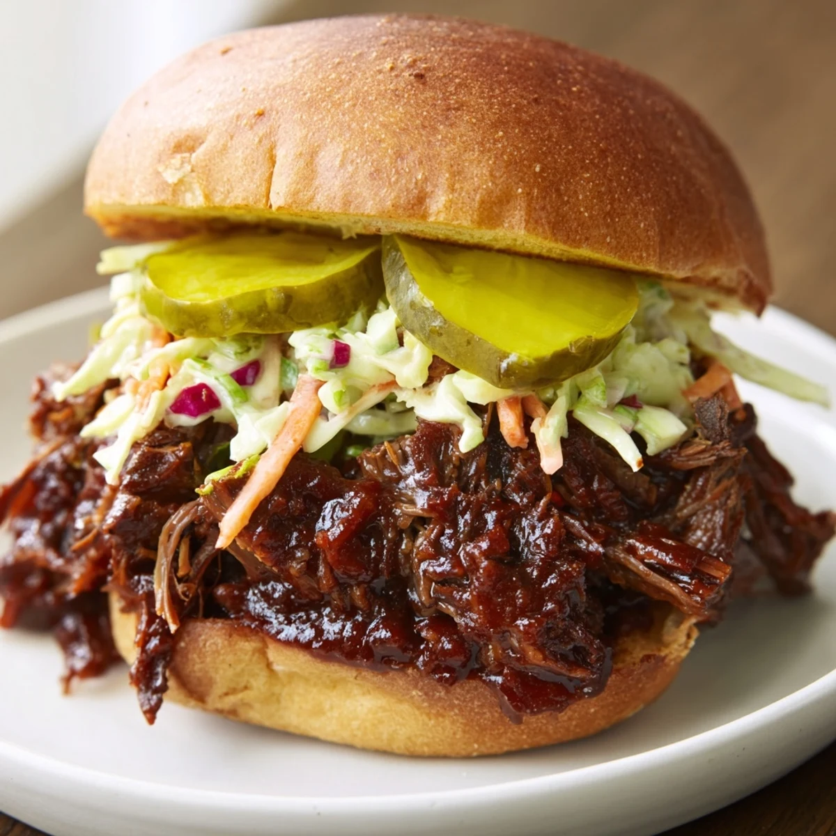 Golden slider buns stuffed with smoky barbecue brisket, crunchy coleslaw, and dill pickle slices make these Beef Brisket Sliders a crowd-pleasing favorite.