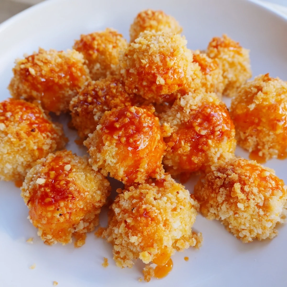 Crispy Baked Cauliflower Bites with Buffalo Sauce glisten with tangy orange sauce on a rustic wooden board, served with celery sticks.