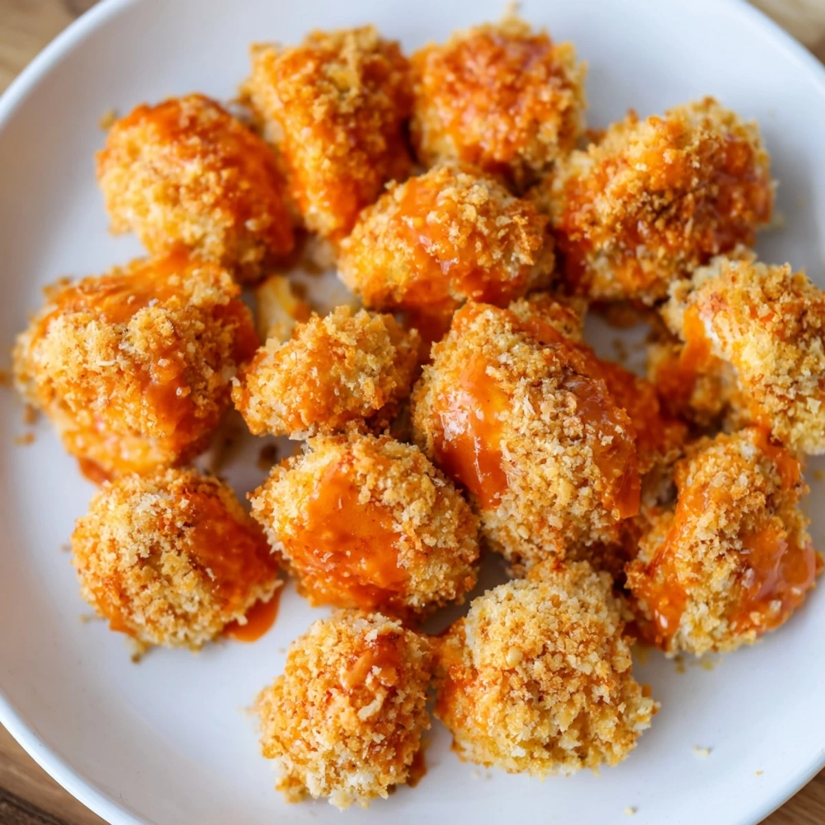 Golden, crunchy Crispy Baked Cauliflower Bites with Buffalo Sauce are piled high beside creamy ranch dressing for a perfect snack.