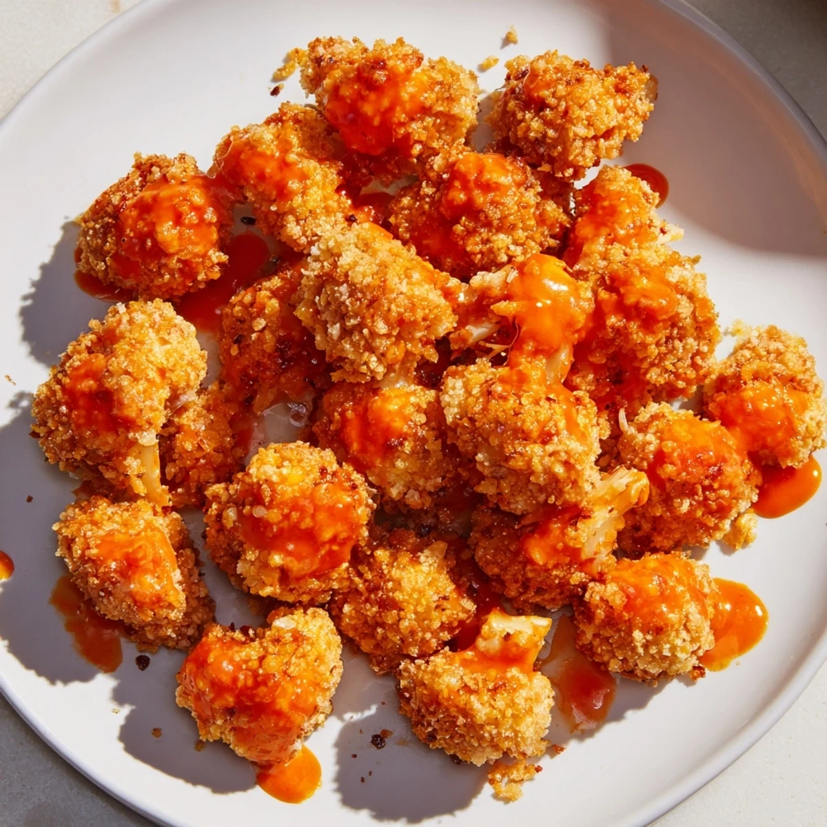 Spicy Crispy Baked Cauliflower Bites with Buffalo Sauce steam gently, showcasing golden-brown florets on a parchment-lined baking sheet for game day.