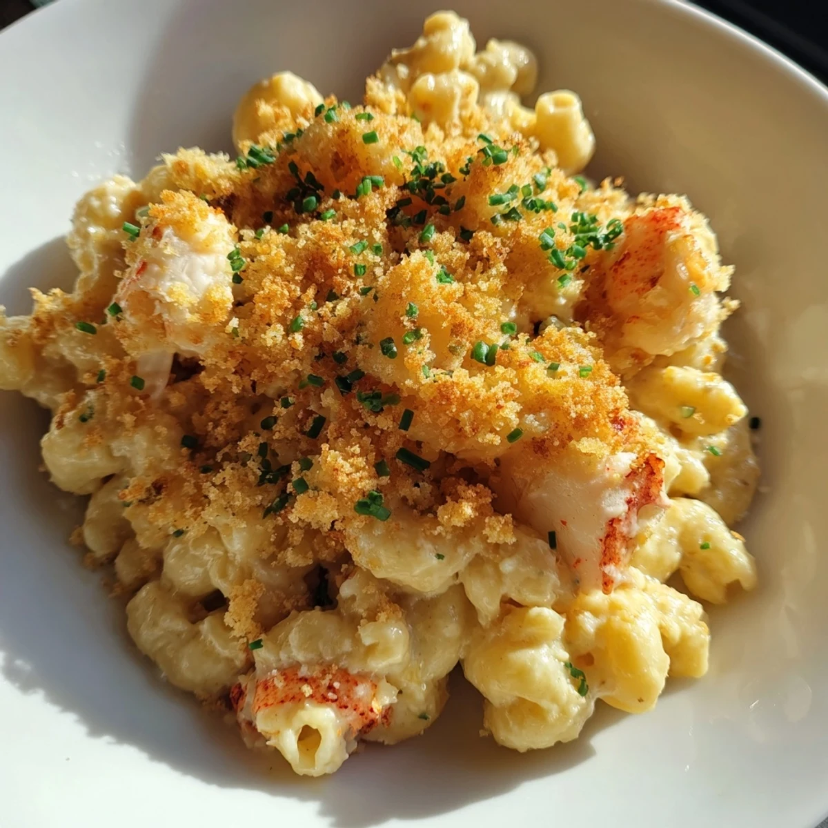 A close-up of Lobster Macaroni and Cheese, showcasing tender lobster chunks nestled in creamy cheddar sauce under golden herbed breadcrumbs.