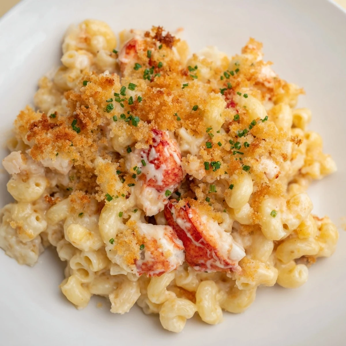 Fresh parsley and chive breadcrumbs crown this rich Lobster Macaroni and Cheese, baked until bubbly and served steaming in a dish.