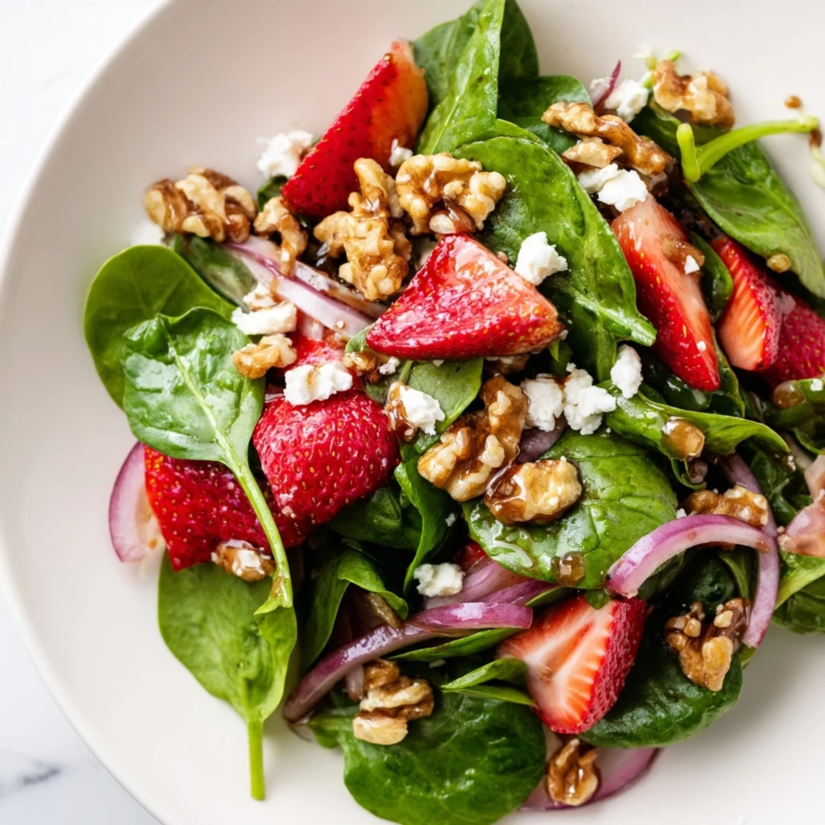 Fresh baby spinach and sliced strawberries topped with toasted walnuts and a drizzle of tangy balsamic vinaigrette.  