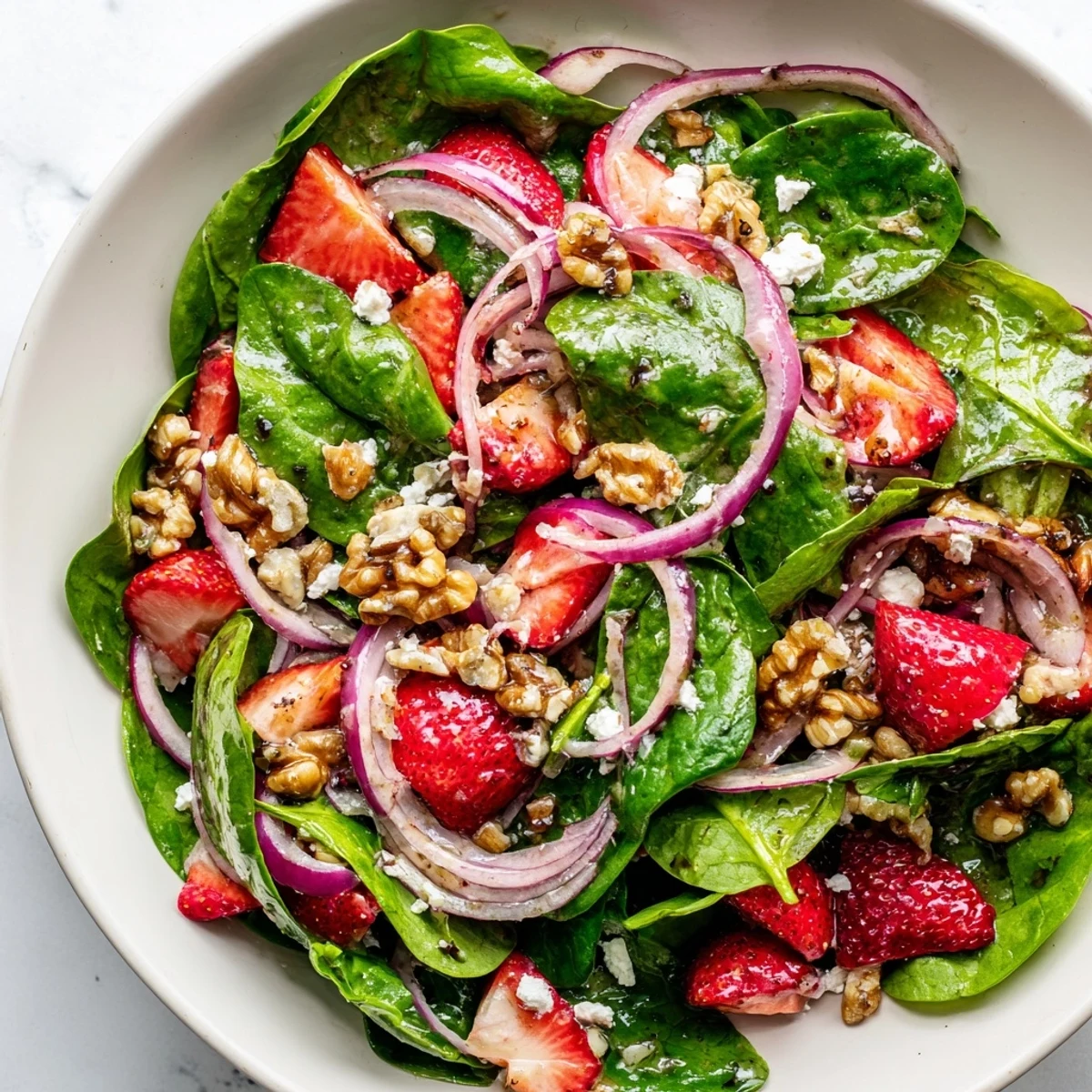 Vibrant red strawberries and walnuts tossed in a fresh spinach salad, served in a white ceramic bowl.