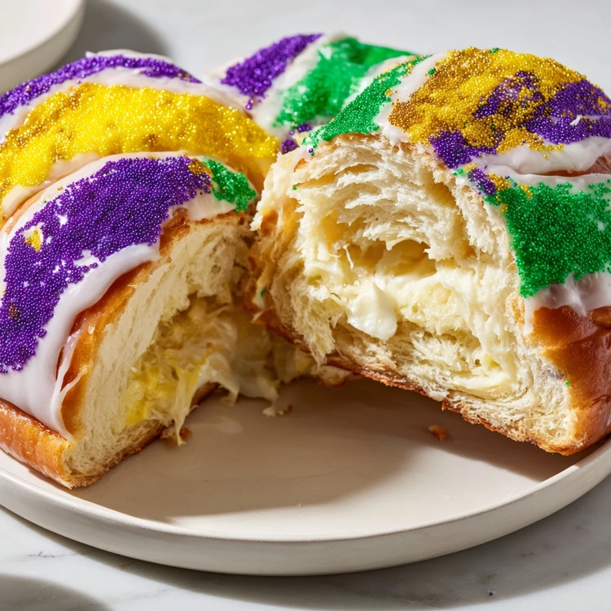 A freshly baked Mardi Gras King Cake with cream cheese filling, drizzled with white icing and topped with purple, green, and gold sugars.