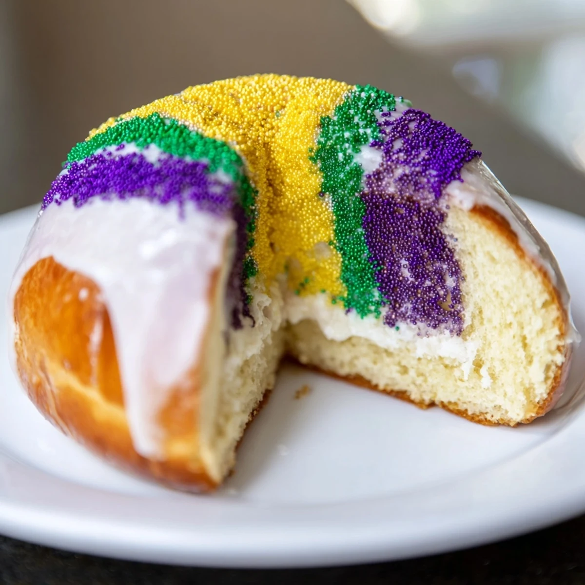 Colorful Mardi Gras King Cake with vibrant purple, green, and gold sugar toppings, ready to serve at a lively celebration.