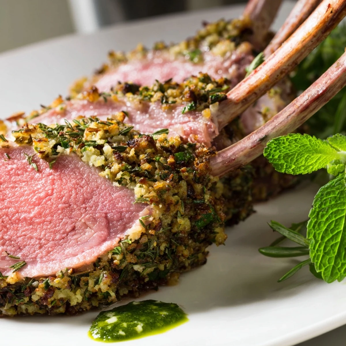 A plated slice of Garlic Herb Roasted Rack of Lamb with Mint Sauce rests beside roasted potatoes, showcasing a juicy interior and herb-crusted exterior.