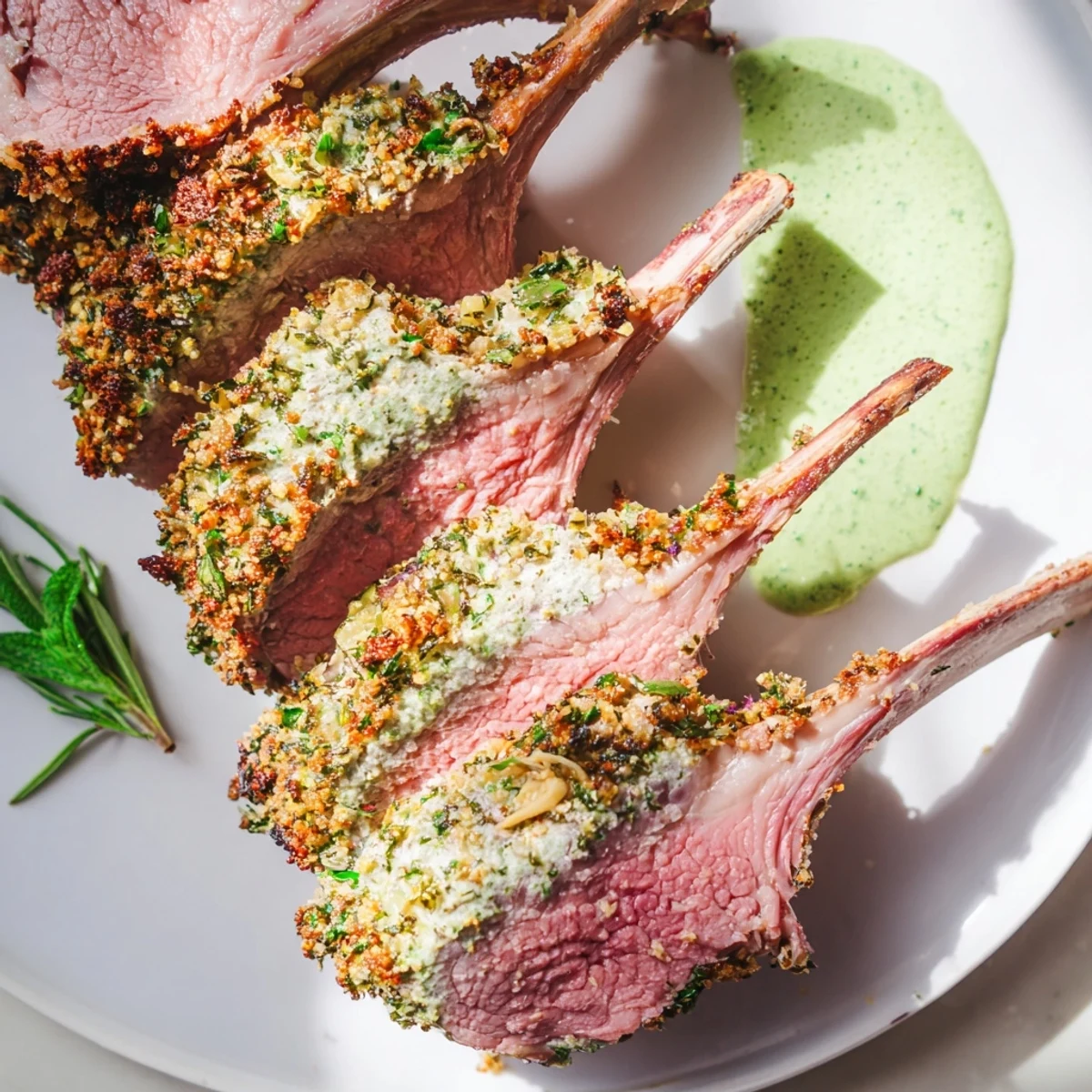 For a Mediterranean-inspired dinner, Garlic Herb Roasted Rack of Lamb with Mint Sauce is presented sliced, ready for a family-style serving.