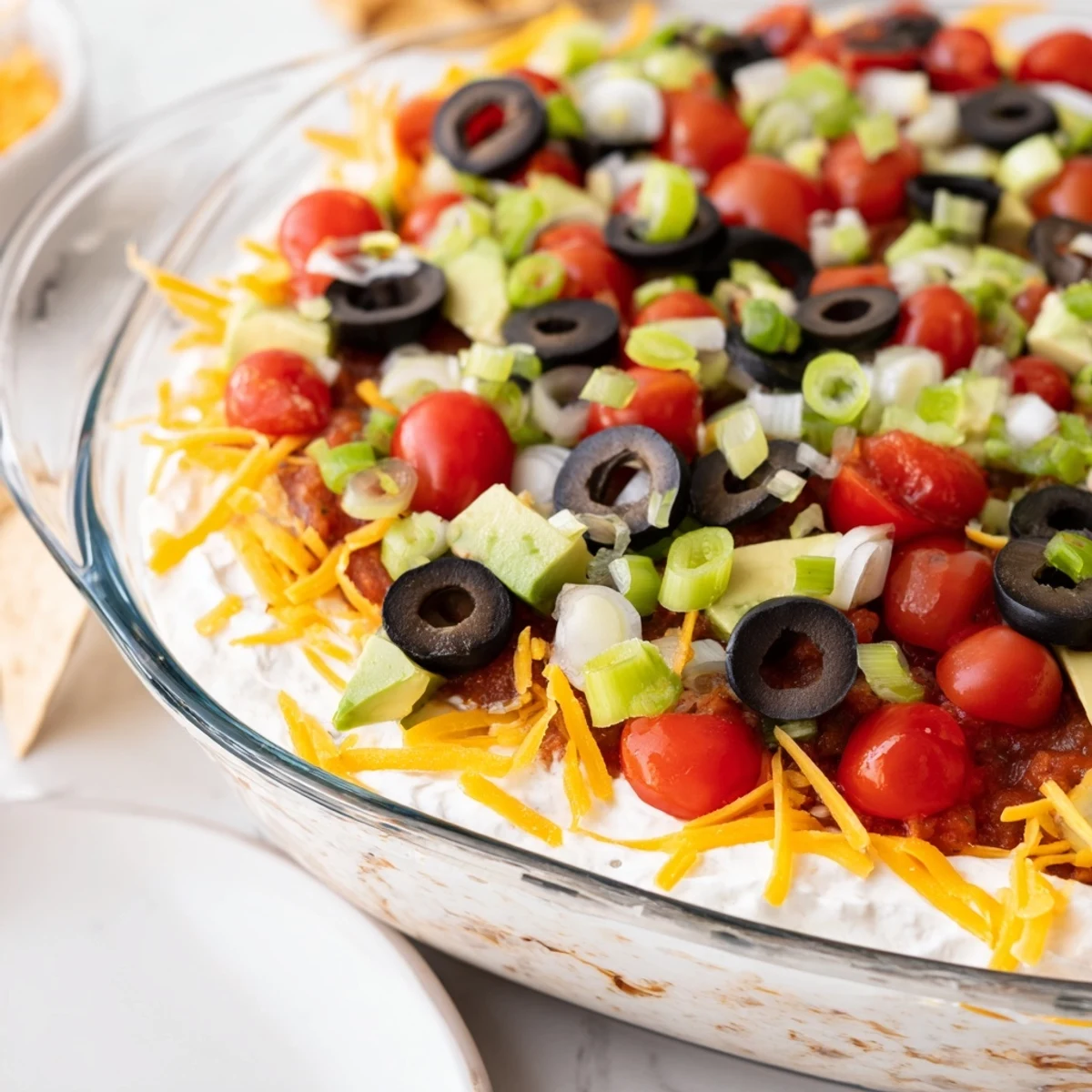 A close-up of Ultimate Layered Taco Dip with tortilla chips, featuring creamy sour cream and cream cheese layers topped with diced tomatoes and black olives.