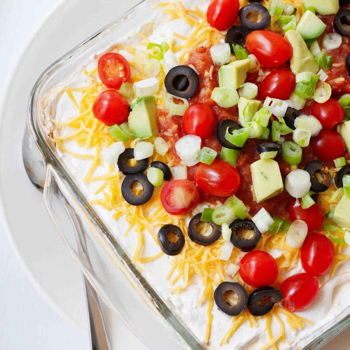 In a 9x13-inch dish, Ultimate Layered Taco Dip showcases refried beans, seasoned sour cream, and fresh avocado, ready for a party platter.