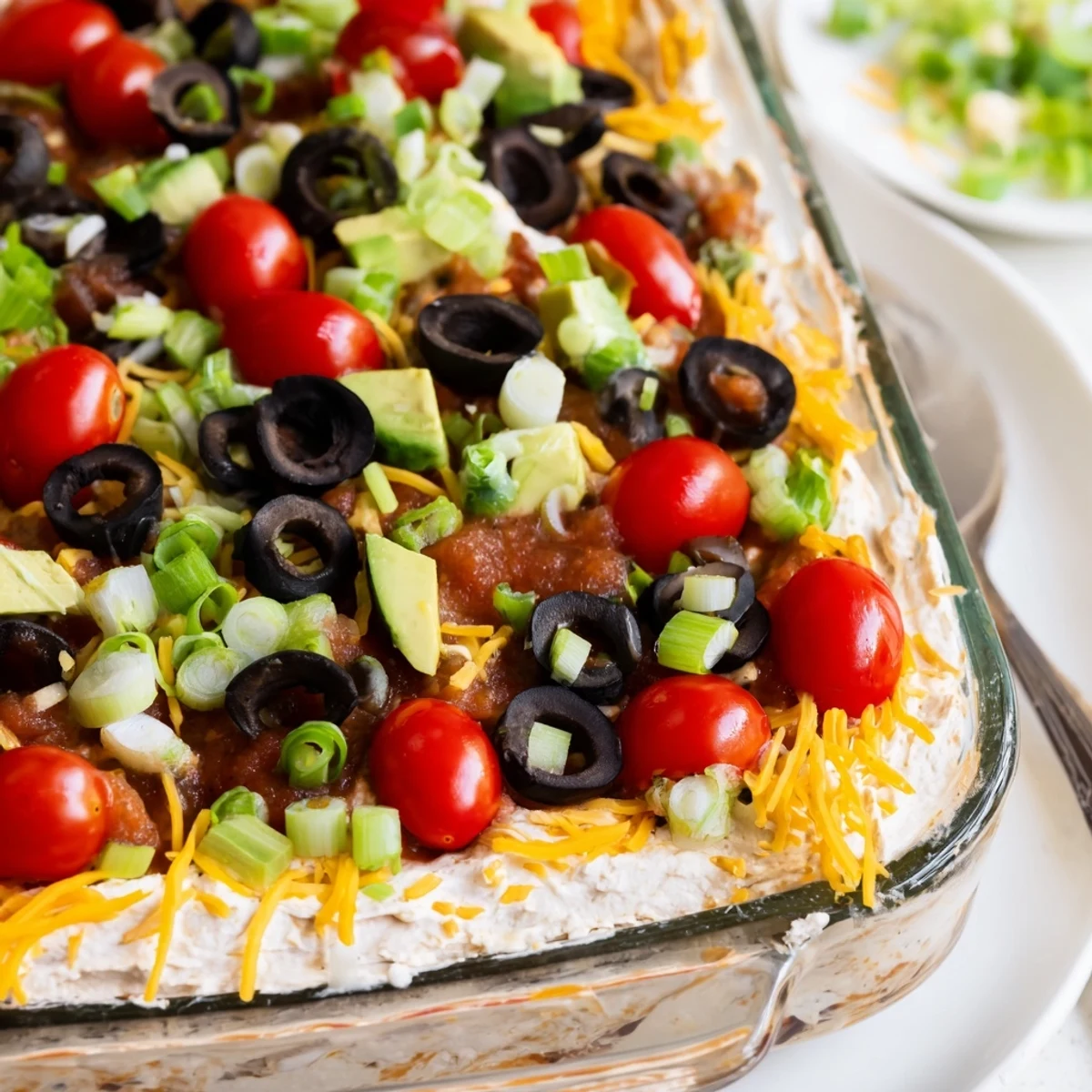 Serving Ultimate Layered Taco Dip with crunchy tortilla chips and a garnish of cilantro, perfect for a festive game day appetizer.