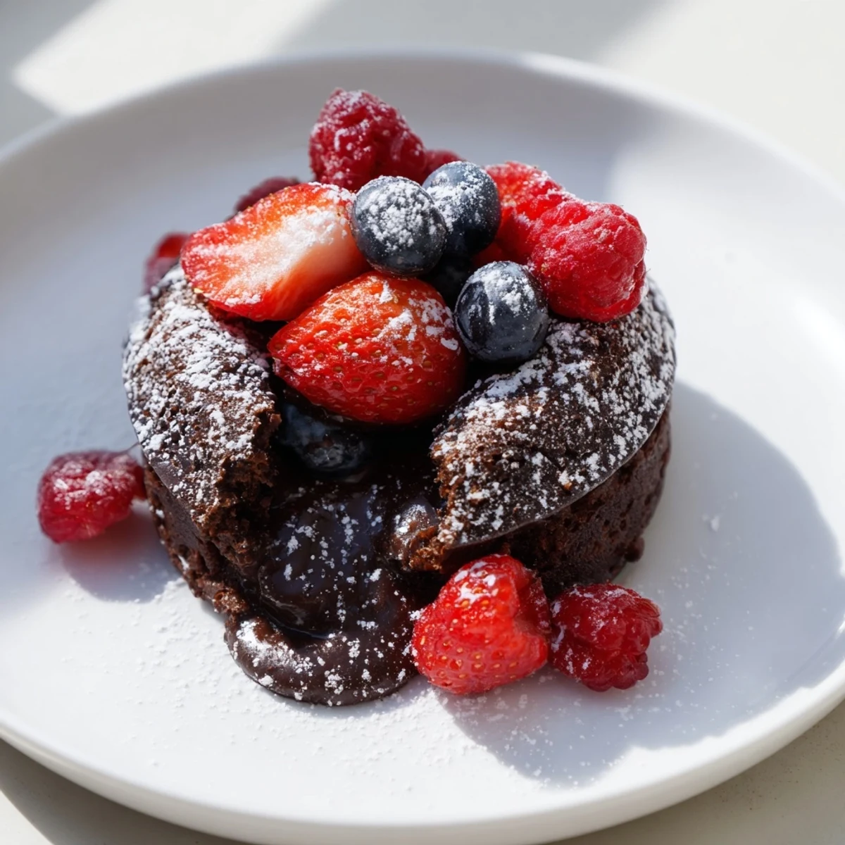 A close-up of Valentine Molten Chocolate Lava Cakes with Berries, garnished with powdered sugar and fresh fruit.