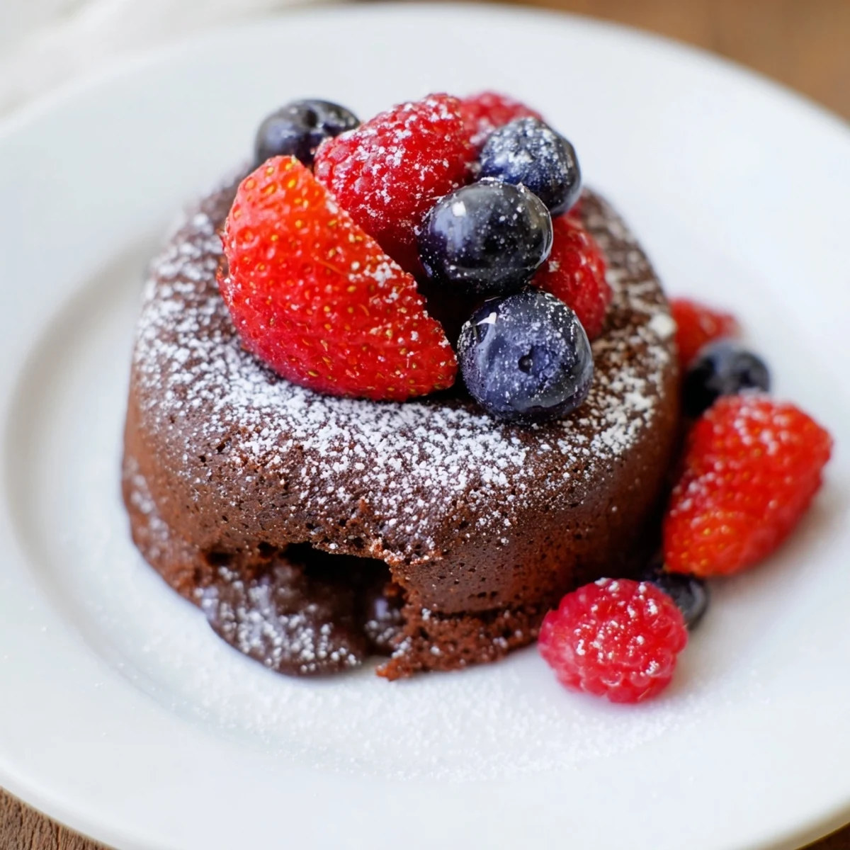 Valentine Molten Chocolate Lava Cakes with Berries are served warm, revealing a gooey chocolate center on a dessert plate.