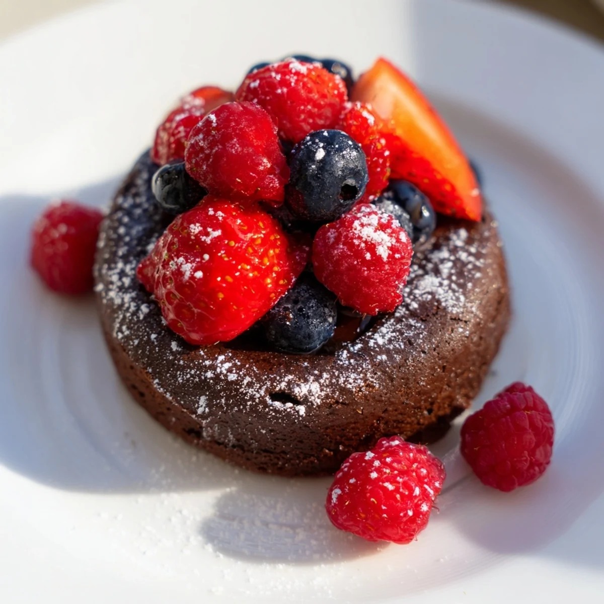 Plate of Valentine Molten Chocolate Lava Cakes with Berries, ready to be paired with vanilla ice cream.