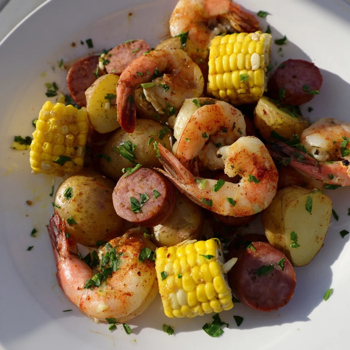 Golden roasted sheet pan shrimp boil with juicy shrimp, sweet corn, tender potatoes, and smoky Andouille sausage.