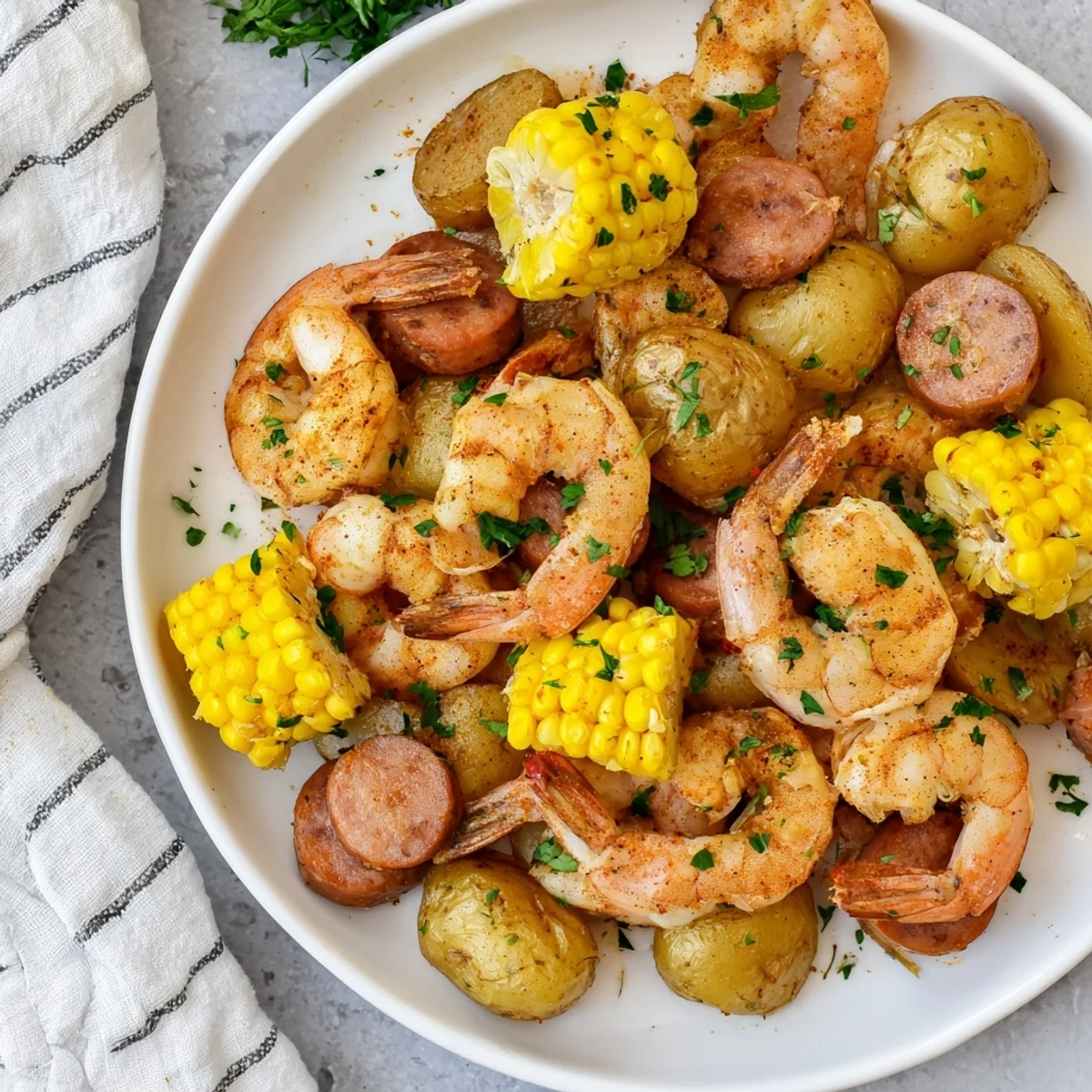 Easy Southern-inspired Sheet Pan Shrimp Boil with vibrant corn, potatoes, and shrimp, garnished with fresh parsley.