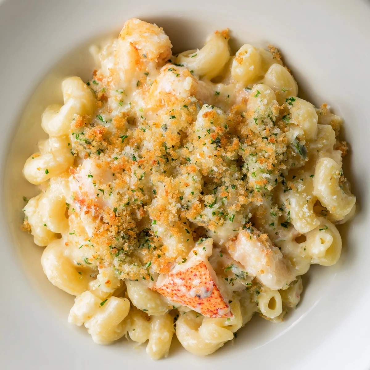 A golden-baked pan of Lobster Macaroni and Cheese with herbed breadcrumbs topping.  