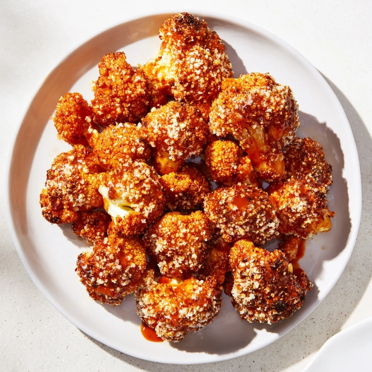 Golden-brown Crispy Baked Cauliflower Bites with Buffalo Sauce are arranged on a rustic plate, ready to be dipped in creamy ranch dressing.