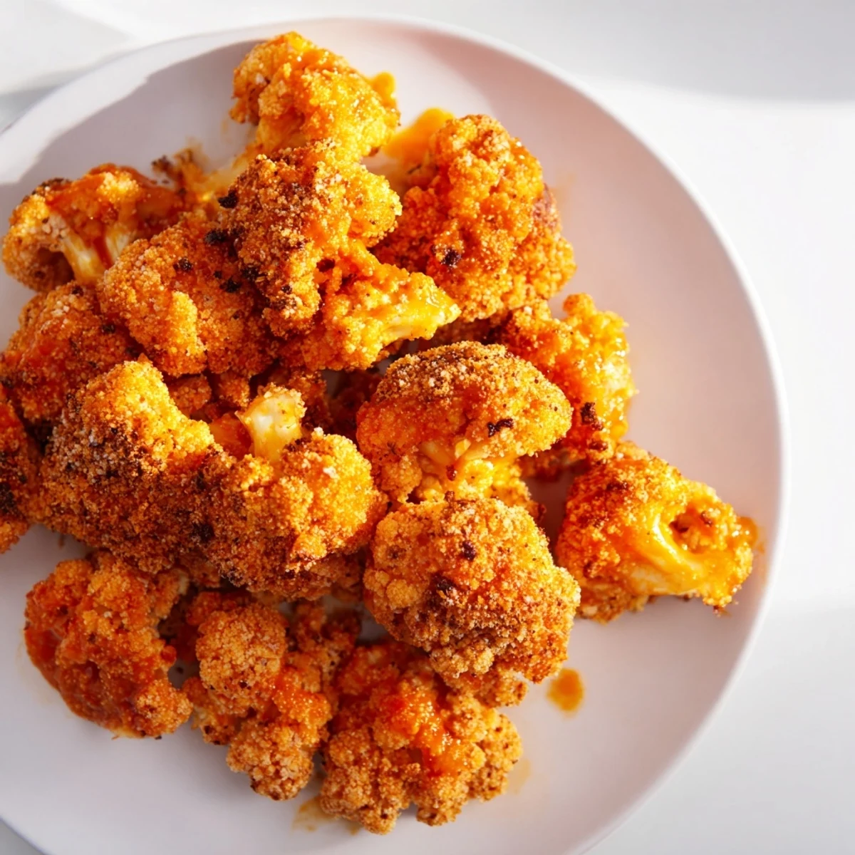 Golden florets of Crispy Baked Cauliflower Bites with Buffalo Sauce glisten with spicy sauce, served alongside crisp celery sticks for dipping.