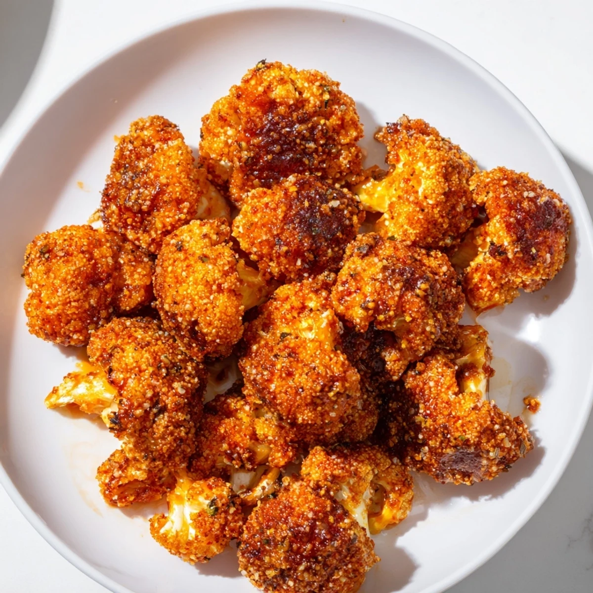 A close-up of Crispy Baked Cauliflower Bites with Buffalo Sauce reveals a crunchy, golden breading, perfect for a game-day snack.